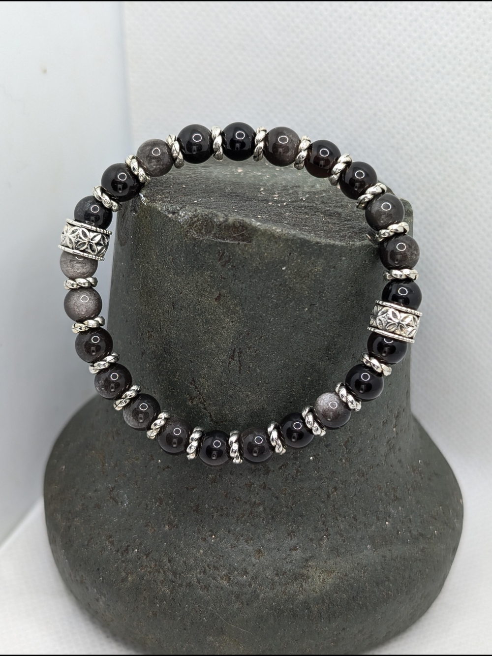 Hand Crafted Black and Gray Beaded Men's Stretch Bracelet with Silver Accents